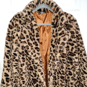 Leopard Print Faux Fur Jacket, XL